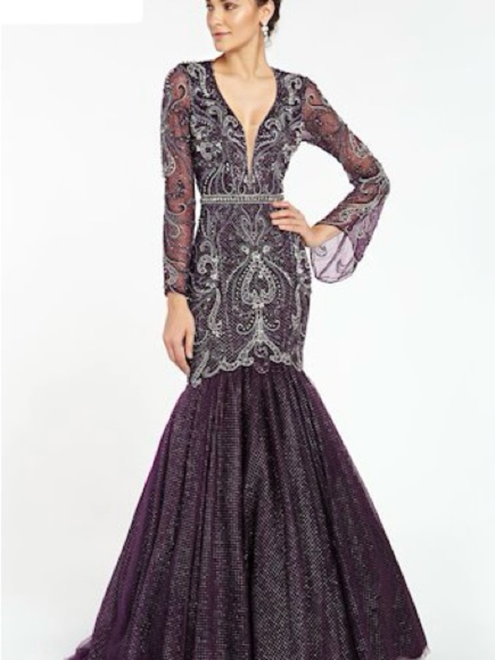 Alyce Paris Beaded Deep Purple Long-Sleeve Mermaid Gown